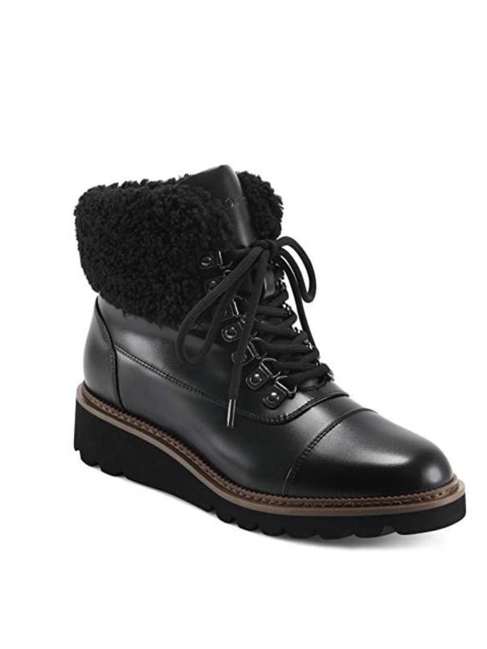 AEROSOLES ALDEN HIKING Black Faux-Shearling Lace-Up Ankle Boots NEW